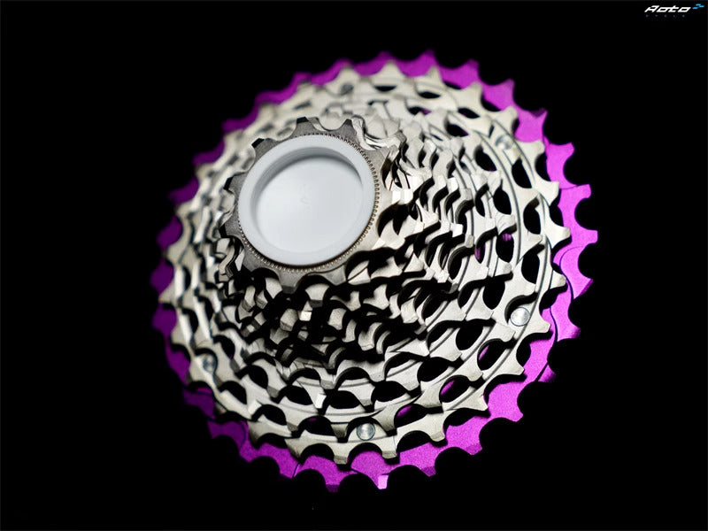 Sixweel lightweight cassette with purple anodised cogs