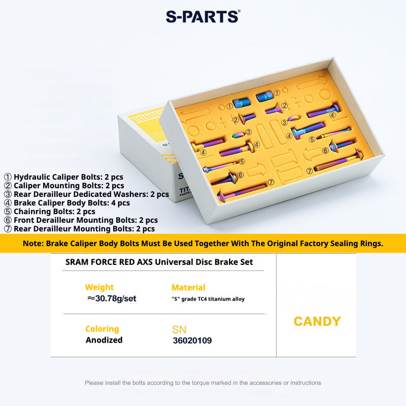 S-Parts titanium brake bolt kit for SRAM RED D1 / Force / Rival AXS (16 pcs), candy