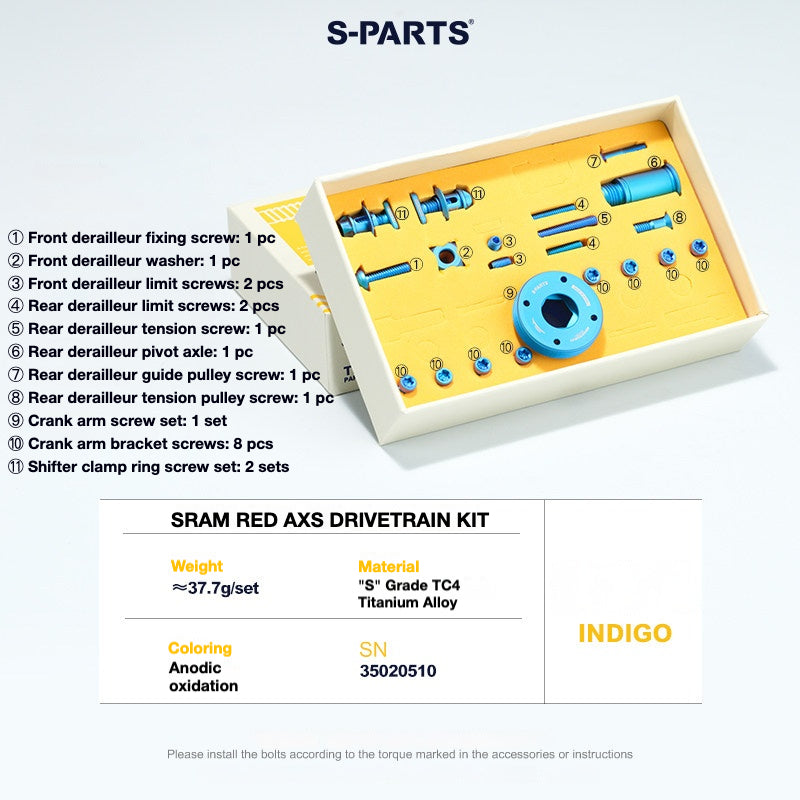 S-Parts titanium drivetrain bolt kit for SRAM RED AXS, indigo