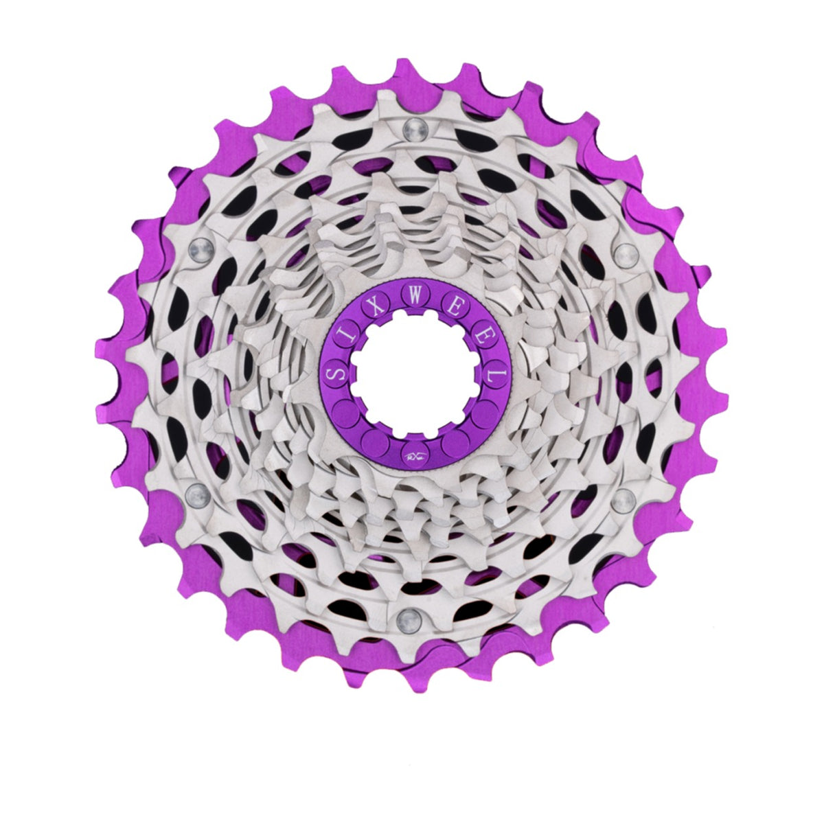Sixweel 11-30T cassette in purple, reverse side