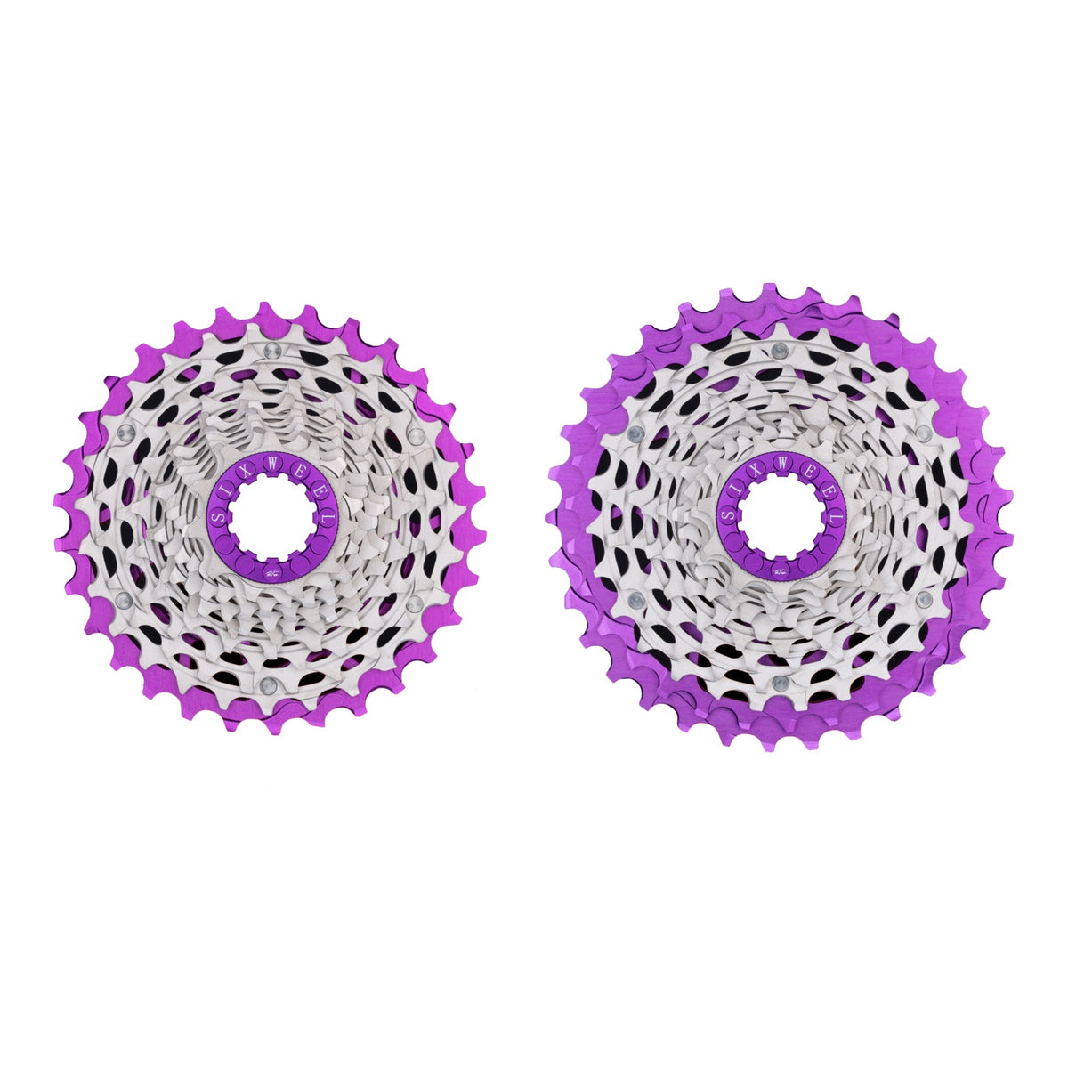Sixweel 12-speed 11-30T cassette in purple, front and back