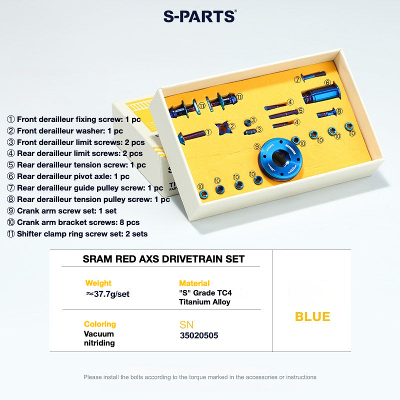 S-Parts titanium drivetrain bolt kit for SRAM RED AXS, blue
