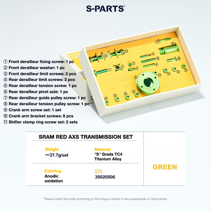 S-Parts titanium drivetrain bolt kit for SRAM RED AXS, green