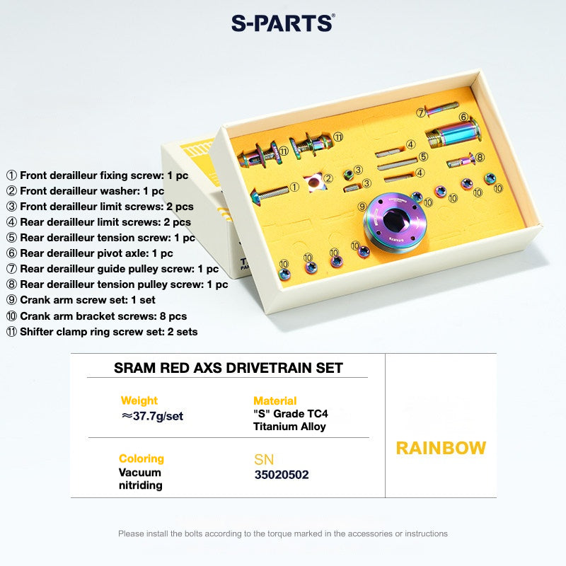 S-Parts titanium drivetrain bolt kit for SRAM RED AXS, rainbow