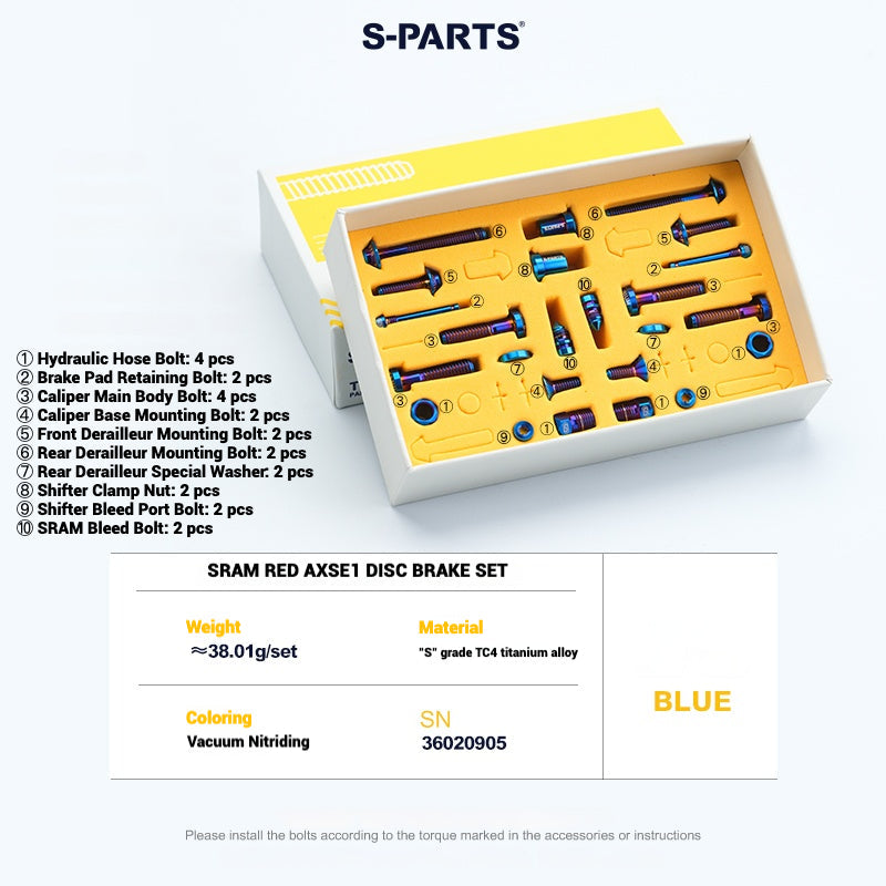S-Parts titanium brake bolt kit for SRAM RED AXS E1 (24 pcs), blue